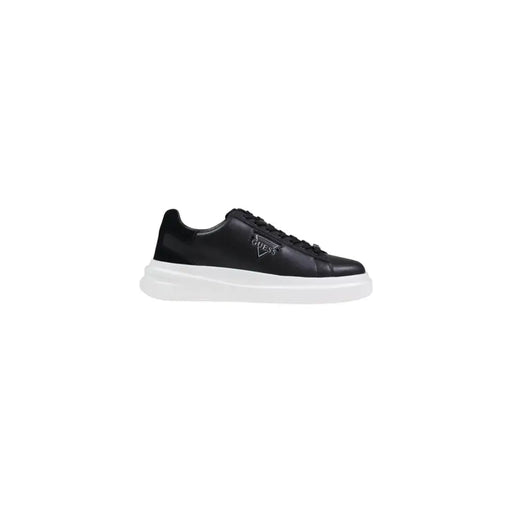 Guess men sneakers elban black suede polyester shoes with glossy finish and white rubber sole shown from the back side
