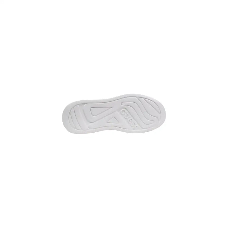 White rubber sole with embossed Guess logo and geometric tread pattern on Guess men sneakers white suede
