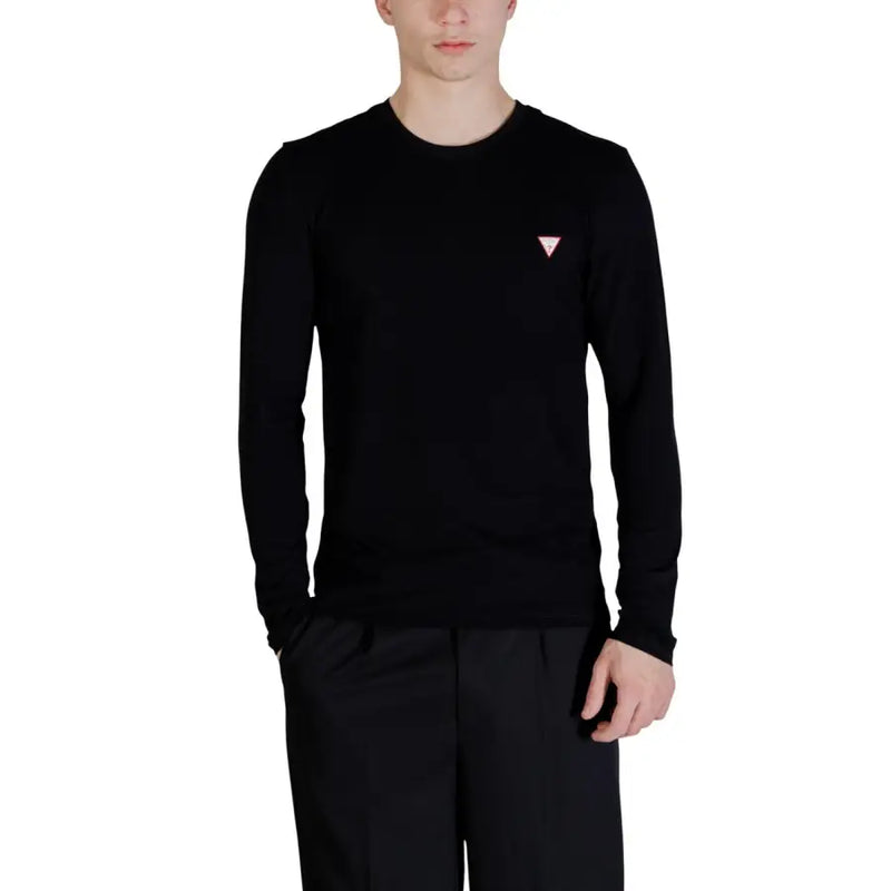 Guess men long-sleeved black crewneck sweater with pink triangular logo on left chest in cotton fabric
