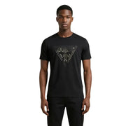 Black Guess men t-shirt featuring a metallic triangle logo with brand name and question mark design on front