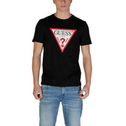 Black Guess men t-shirt featuring bold red and white triangular logo with brand name and washed jeans text