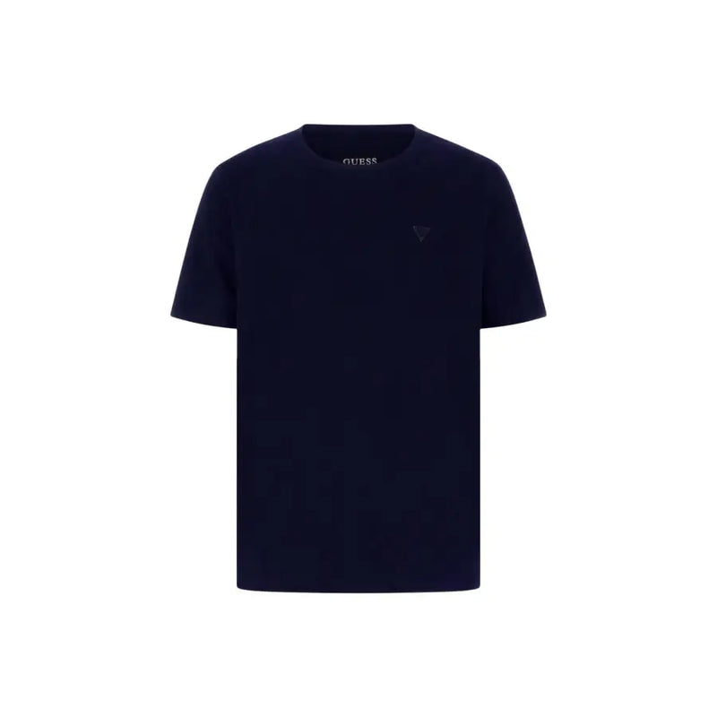 Guess men t shirt blue short sleeve cotton modal blend with dark navy blue color and subtle embroidered logo on chest