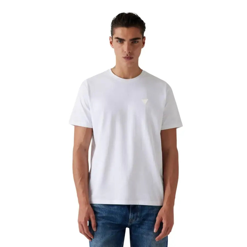 Guess men t shirt white crew neck with subtle embroidered triangle logo cotton modal blend short sleeve