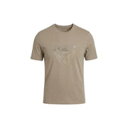 Beige Guess men t-shirt featuring a metallic triangle logo printed on the chest for casual wear