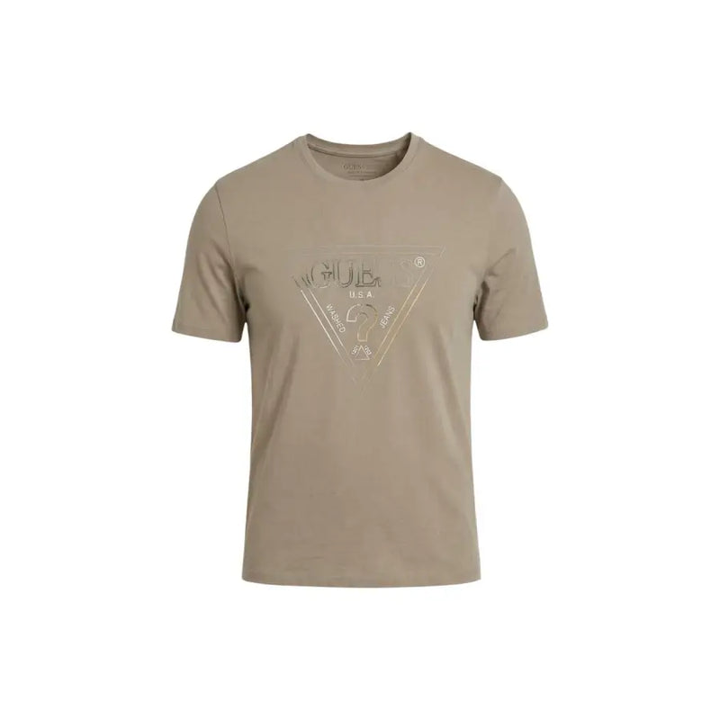 Beige Guess men t-shirt featuring a metallic triangle logo printed on the chest for casual wear