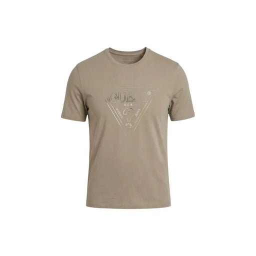 Beige Guess men t-shirt featuring a metallic triangle logo printed on the chest for casual wear