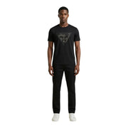 Black Guess men t-shirt featuring a silver triangular logo with brand name and question mark design on front
