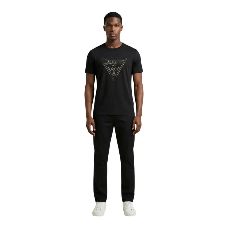 Black Guess men t-shirt featuring a silver triangular logo with brand name and question mark design on front