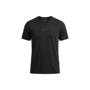 Black Guess men t-shirt featuring subtle gray logo embroidery on the chest in a comfortable cotton material