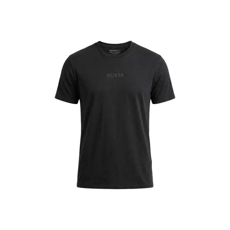 Black Guess men t-shirt featuring subtle gray logo embroidery on the chest in a comfortable cotton material