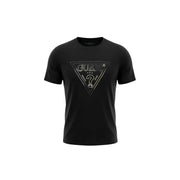 Black Guess men t-shirt featuring a metallic gold triangular logo with brand name and question mark design