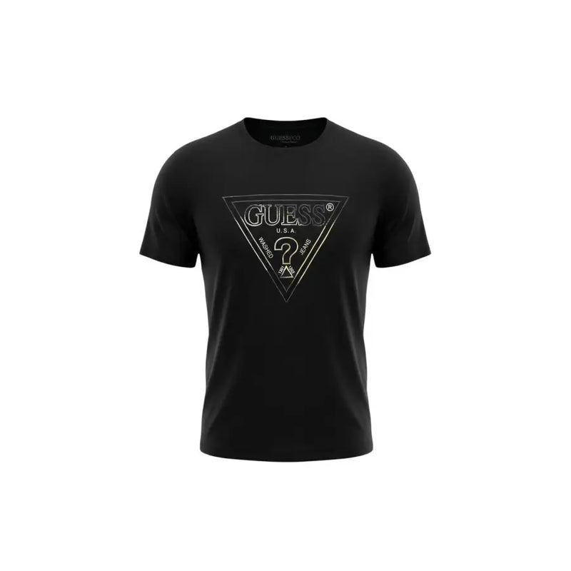 Black Guess men t-shirt featuring a metallic gold triangular logo with brand name and question mark design