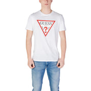 White Guess men t-shirt featuring a bold red triangle logo with black text and graphics on the front