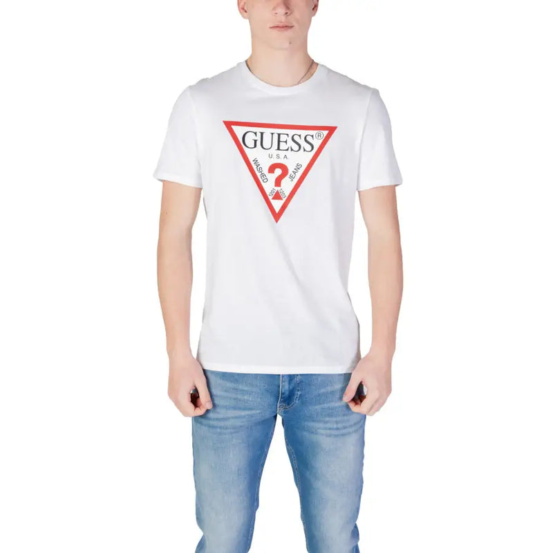 White Guess men t-shirt featuring a bold red triangle logo with black text and graphics on the front