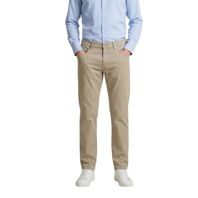 Beige guess men trousers made of cotton blend with slim fit khaki chino pants featuring classic fit and subtle stitching details