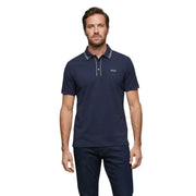 Navy blue Guess men polo shirt with white trim on collar and placket in cotton blend short sleeve design