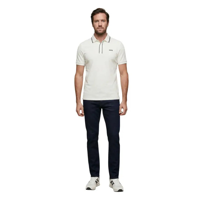 Cream-colored gant polo shirt with classic collar and subtle black trim in white short sleeve cotton blend by Guess men
