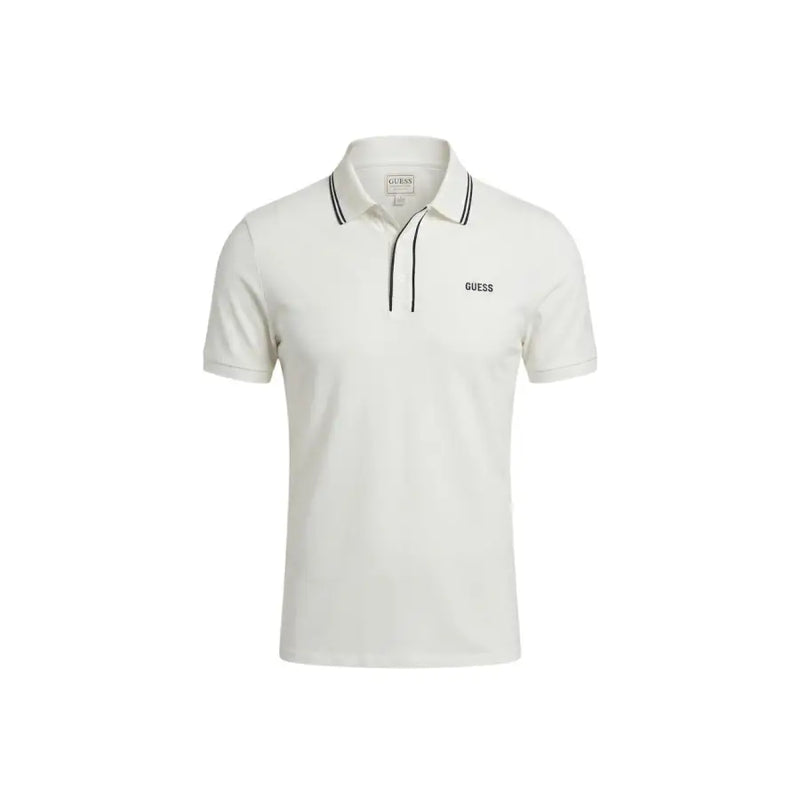Guess men white short sleeve cotton blend polo shirt with black collar trim and subtle chest embroidered logo