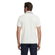 Guess men white short sleeve cotton blend polo shirt with cream body and white collar featuring black and navy stripes