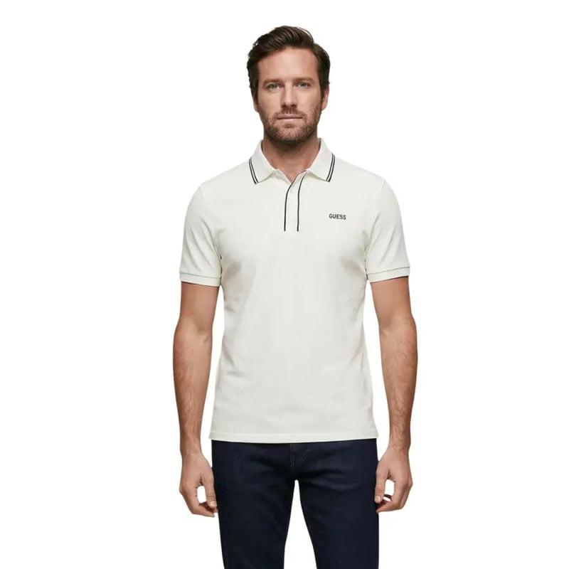 Cream-colored Guess men short sleeve cotton blend polo shirt with black trim on collar and placket