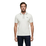 Cream-colored Guess men short sleeve cotton blend polo shirt with black trim on collar and placket
