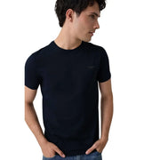 Black guess mens cotton crew neck t shirt with subtle embroidered logo on left chest in extra slim fit