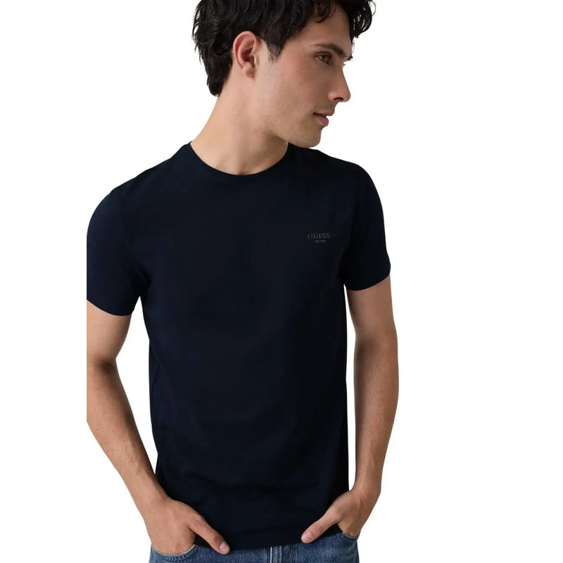 Black guess mens cotton crew neck t shirt with subtle embroidered logo on left chest in extra slim fit