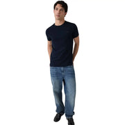 Guess mens navy blue cotton extra slim fit short-sleeved crew neck t-shirt with subtle embroidered logo on left chest