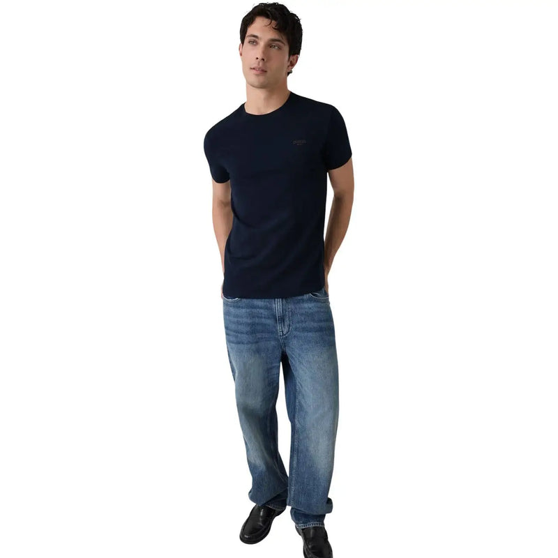 Guess mens navy blue cotton extra slim fit short-sleeved crew neck t-shirt with subtle embroidered logo on left chest