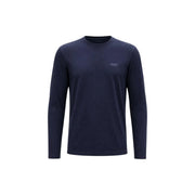 Guess mens blue slim fit cotton t shirt with dark navy long-sleeved crew neck and subtle embroidered logo on left chest
