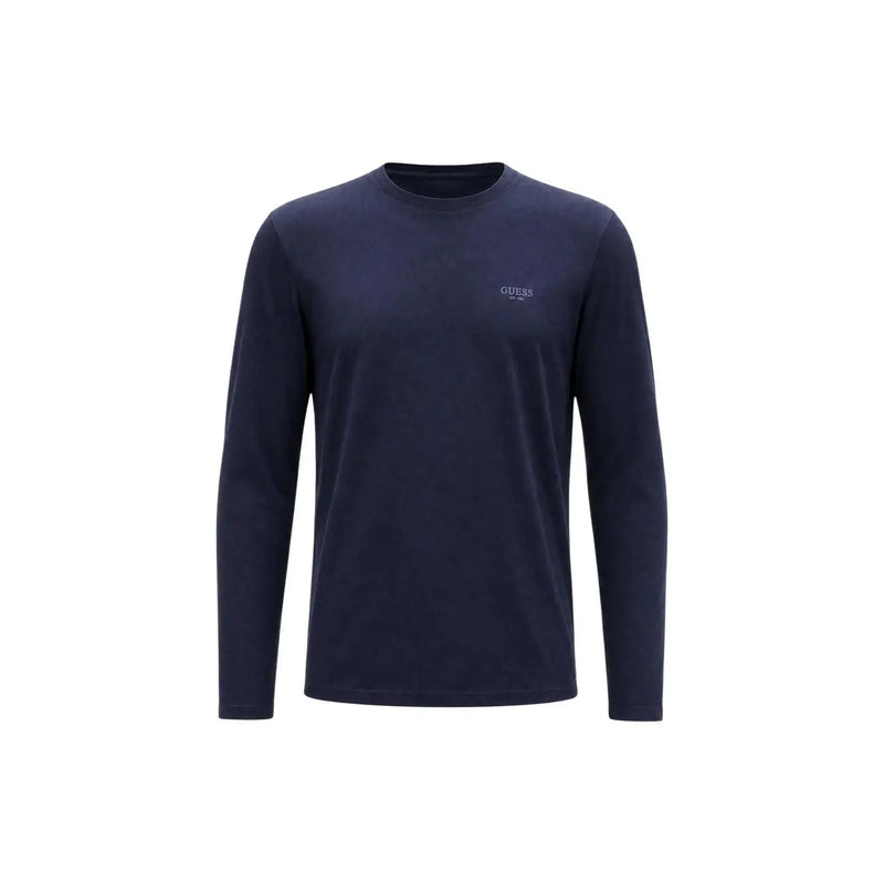 Guess mens blue slim fit cotton t shirt with dark navy long-sleeved crew neck and subtle embroidered logo on left chest