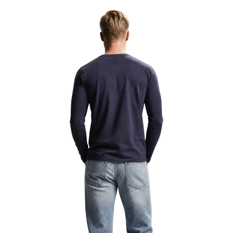 Guess mens blue slim fit cotton t shirt featuring a navy blue long-sleeved design made from soft cotton fabric