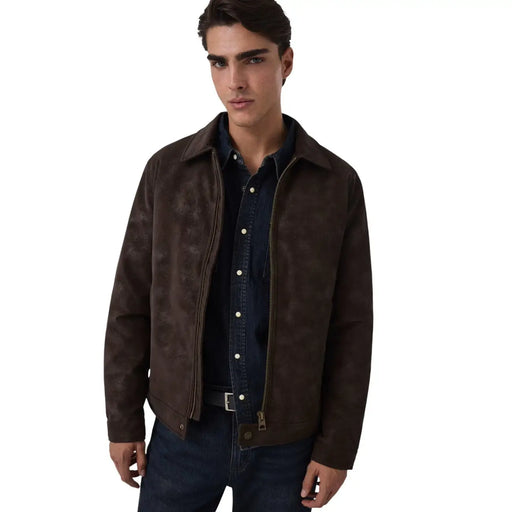 Guess Blouson aviateur pour homme en daim marron avec col classique et fermeture éclair sur le devant, dans un style élégant en similicuir.
