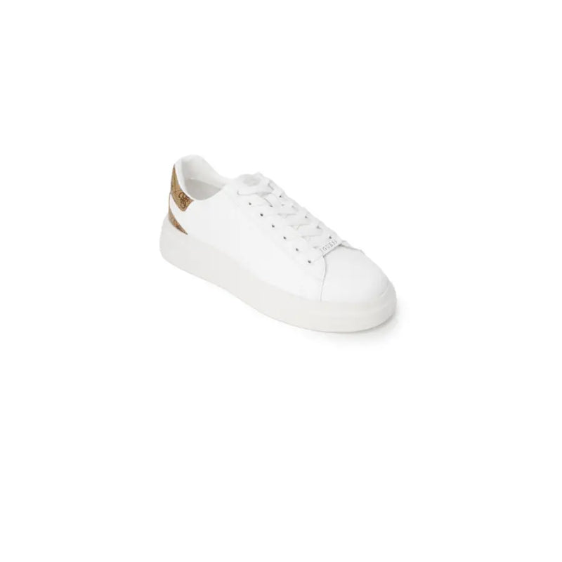 Guess men’s white leather low-top sneakers with gold-tone cork heel tab and matching metallic eyelets