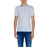 Guess Herren-Baumwollshirt mit Rundhalsausschnitt, weiß t-shirt mit einem kleinen rosa dreieckigen Logo auf der linken Brust