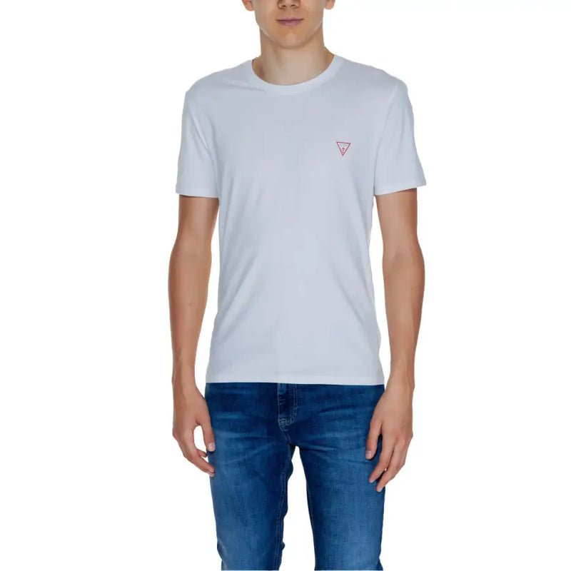 Guess Herren-Baumwollshirt mit Rundhalsausschnitt, weiß t-shirt mit einem kleinen rosa dreieckigen Logo auf der linken Brust
