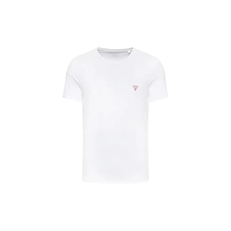Guess Herren-Baumwollshirt mit Rundhalsausschnitt, weiß t-shirt mit einem kleinen roten dreieckigen Logo auf der linken Brust