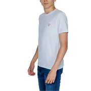 Guess Herren-Rundhalspullover, weiß t-shirt mit einem kleinen rosa dreieckigen Logo aus Baumwollstoff auf der linken Brust