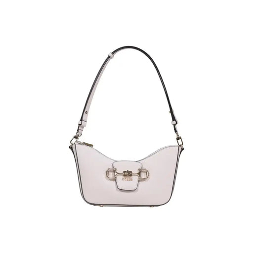 A sleek white Guess polyurethane handbag with a black strap and metallic clasp featuring zip pockets