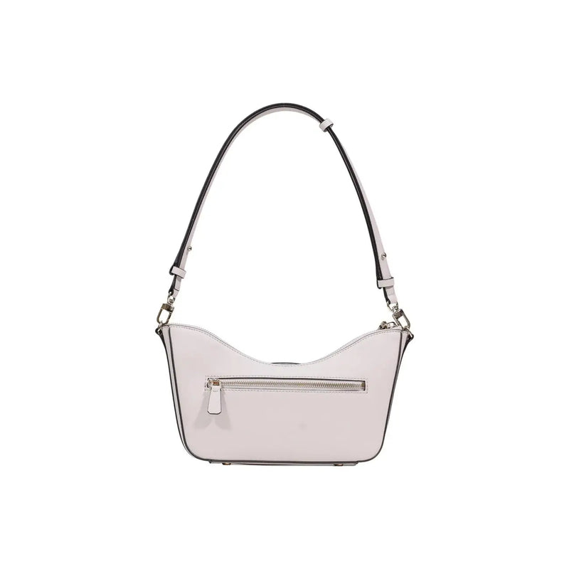 Guess pink polyurethane handbag featuring zip pockets and a sleek light gray leather shoulder bag with black trim