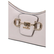 White Guess polyurethane handbag with gold-tone horsebit clasp and black stitching featuring zip pockets