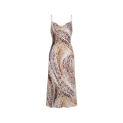 Guess pink v-neck sleeveless dress for women in a flowing, floor-length slip design with beige brown and black abstract pattern