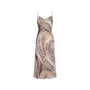 Guess pink v-neck sleeveless dress for women in a flowing, floor-length slip design with beige brown and black abstract pattern