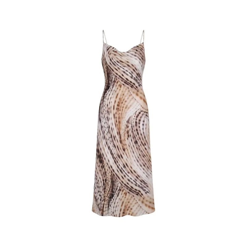 Guess pink v-neck sleeveless dress for women in a flowing, floor-length slip design with beige brown and black abstract pattern