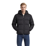 Guess Doudoune en daim noir pour homme, avec capuche matelassée et fermeture éclair centrale, vue de face