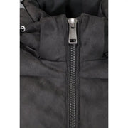 Guess doudoune en daim noir pour femme avec tirette de fermeture éclair argentée et Guess logo, vue de face