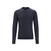 Guess Pull Manny pour homme en maille côtelée bleu foncé à col rond, vue de face