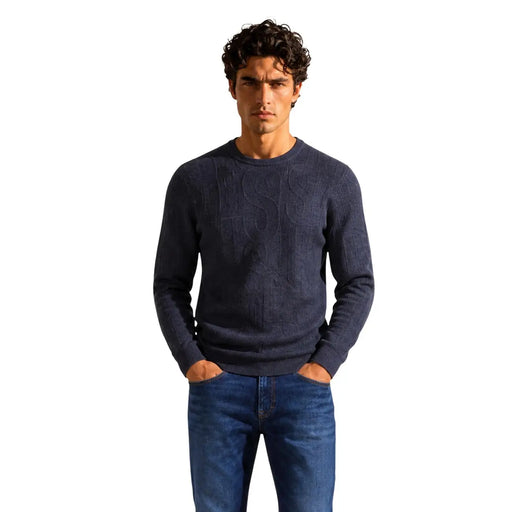 Guess sweater NESTOR for men in navy blue textured knit with embossed pattern, front view