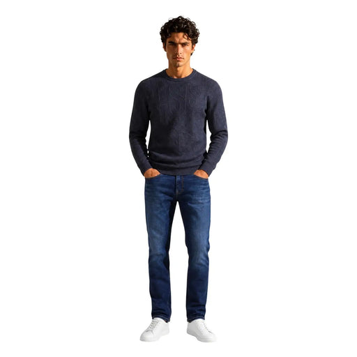 Guess sweater NESTOR for men in navy blue textured knit with crew neck, front view