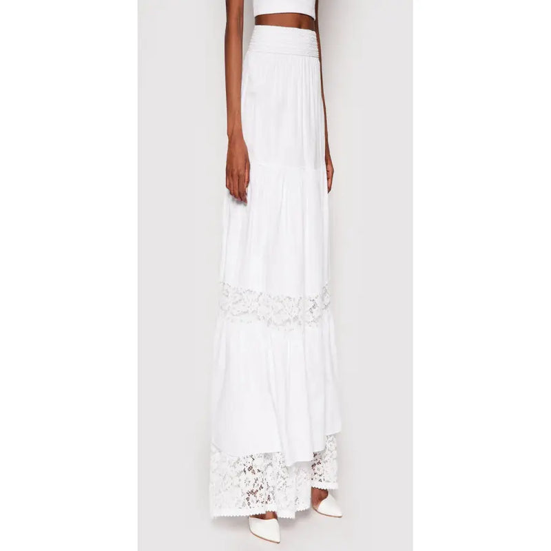 Guess Weißer, gestufter Maxirock aus Baumwolle mit Spitzenbesatz an Saum und Taille